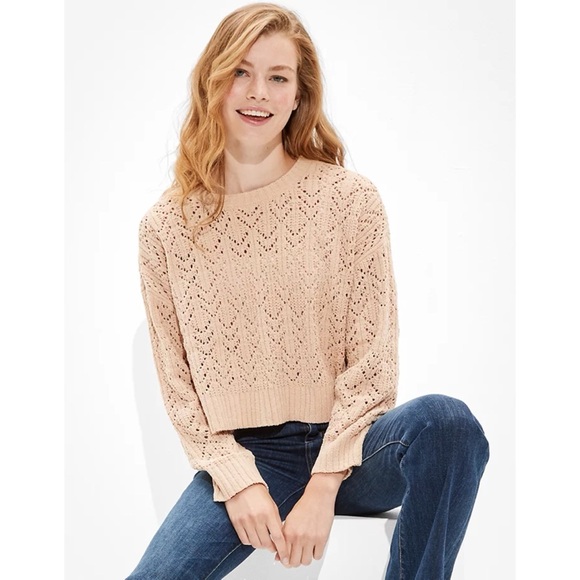 AE Open Knit Crew Neck Chenille Sweater Size Medium in Rosy - Picture 2 of 12